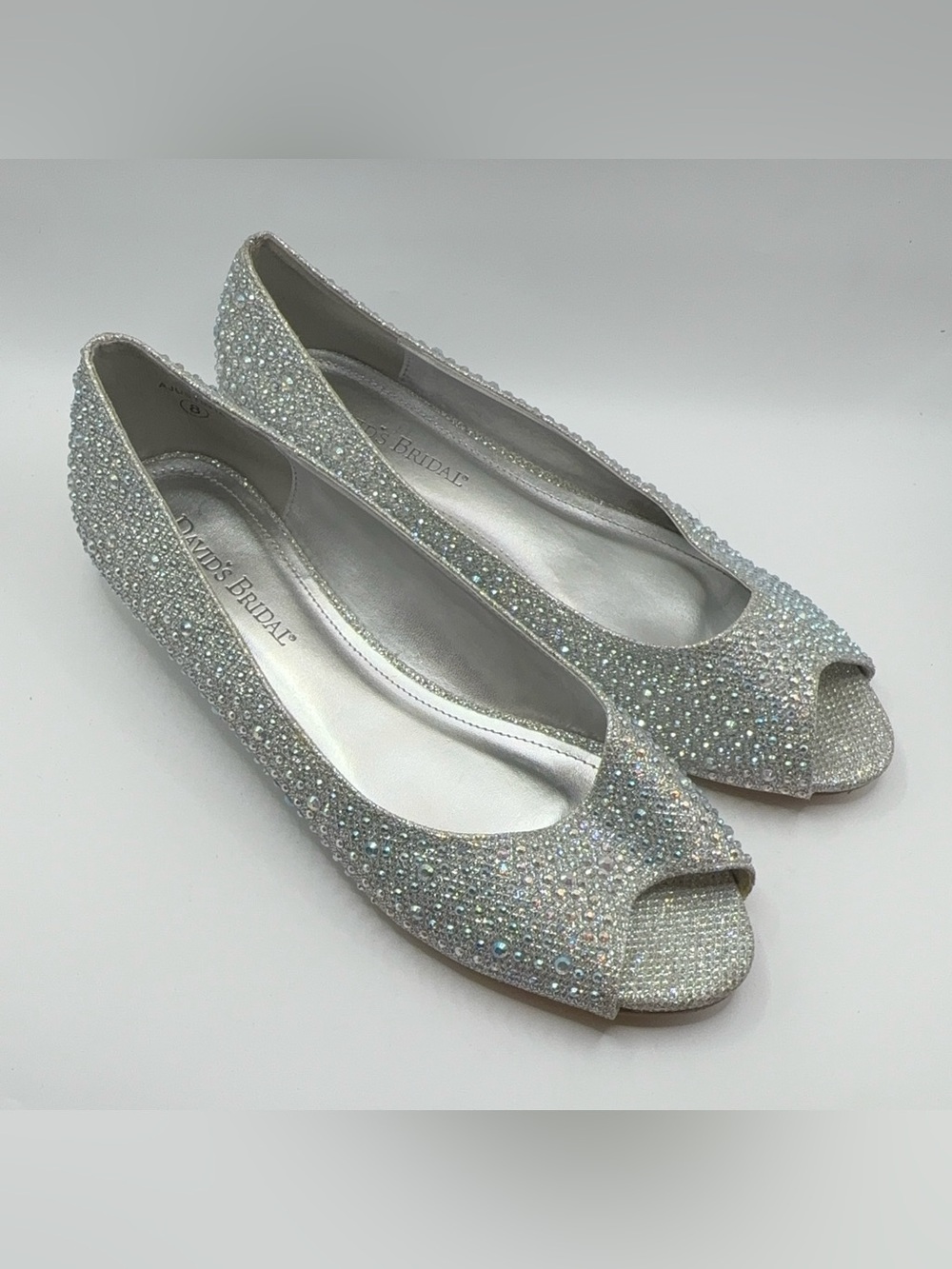 David's Bridal Iridescent Crystal Open Toe Wedge Flats size 8 EUC wedding prom